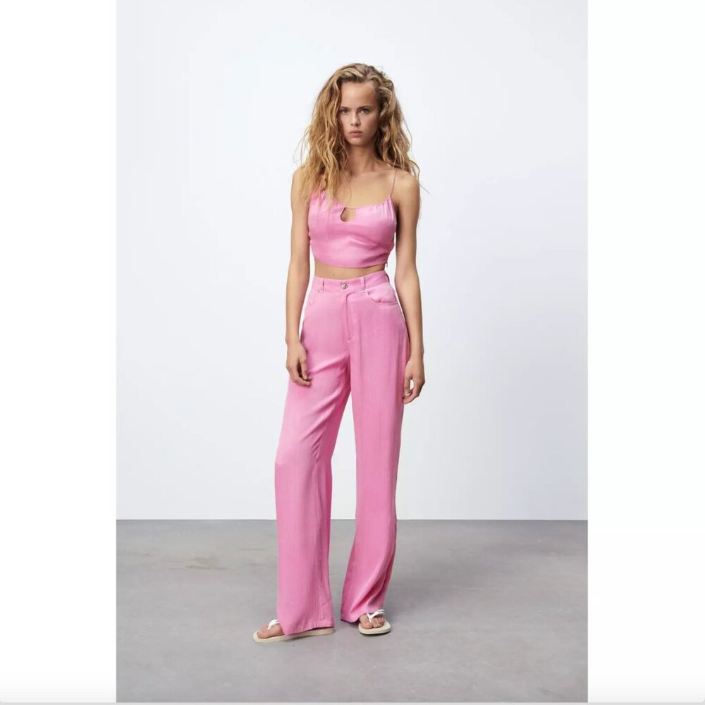 Zara Two Piece Set - Crop Top & Wide Leg Linen Trousers Co-ord Pink